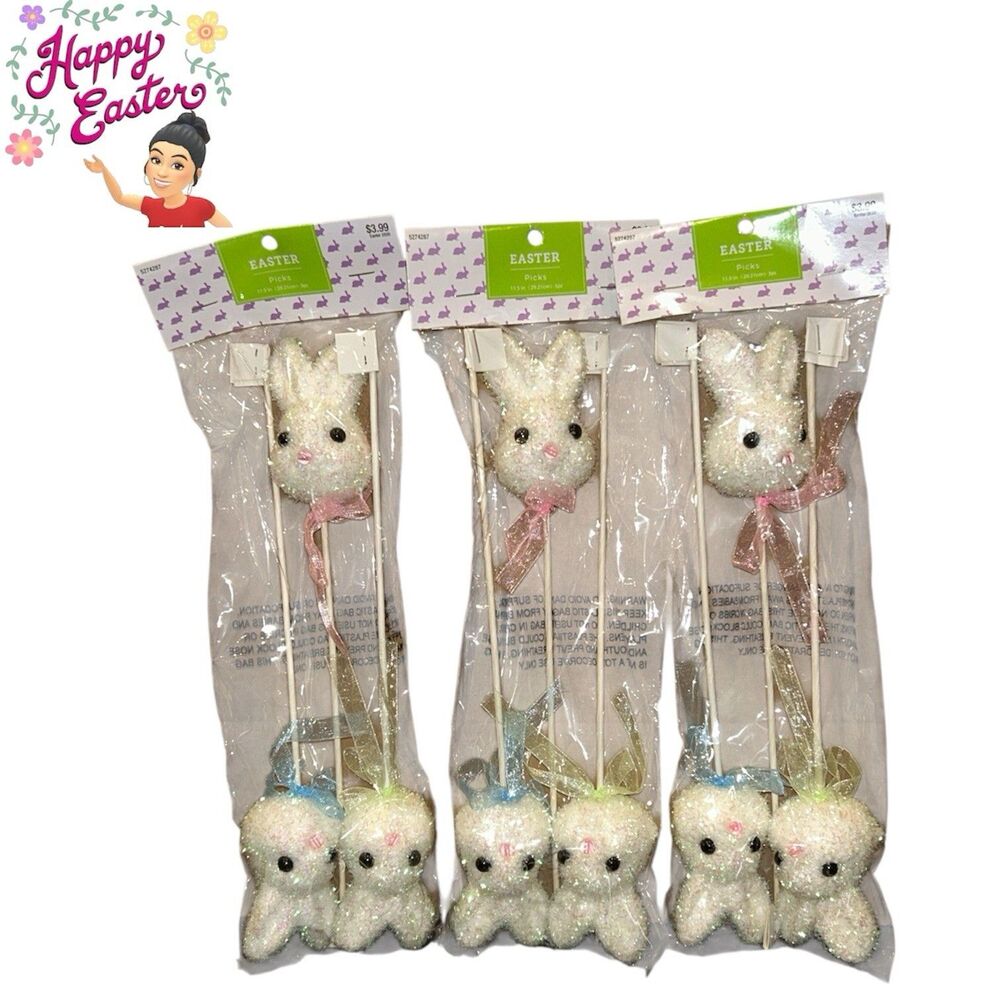 3x Easter Foam Glitter Decorated Easter Bunnies Picks. 3 Ct Each 10.5 Inches
